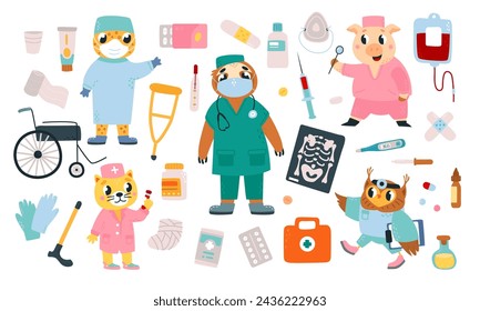 Animals doctors and pills. Childish clinic, hospital or ambulance characters. Pharmacology, pills and medical tools. Cartoon classy vector set