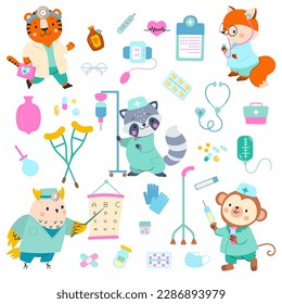 Animals doctors and pills, stethoscope and medical tools. Funny physicians, cartoon animal in doctor uniform. Pediatric nowaday vector characters