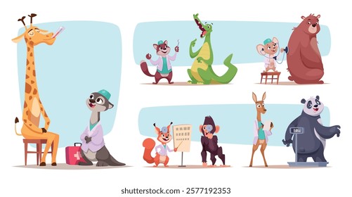 Animals doctors. Zoo funny mascot in medicine concepts animals conversation with patients exact vector cartoon doctors