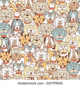 Animals. Dogs Vector Seamless pattern. Hand Drawn Doodles Dogs. Cute Dogs colored background.