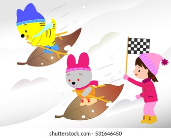 Animals doing the competition of the ski with a dead leaf.