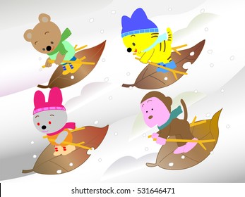 Animals doing the competition of the ski with a dead leaf.