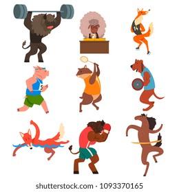 Animals doing exercise in the gym, fitness and healthy lifest.yle vector Illustrations on a white background