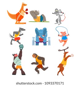 Animals doing exercise, kangaroo, hippo, wolf, elephant, pig, bull, sloth and deer in the gym, fitness and healthy lifest.yle vector Illustrations on a white background