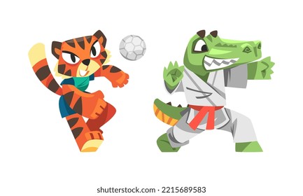 Animals doing sports set. Tiger volleyball player and crocodile karate fighter characters. Fitness and healthy lifestyle vector illustration