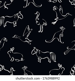 Animals, doodle, hand drawn chalk vector seamless pattern on black background. Concept for wallpaper, wrapping paper, cards 