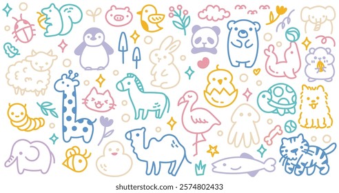 Animals Doodle Illustration | Colorful Hand-Drawn Line Art with Various Playful Animals for Design Project