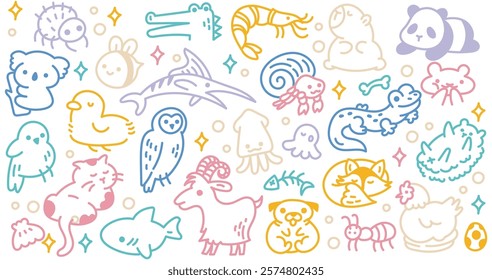 Animals Doodle Illustration | Colorful Hand-Drawn Line Art with Various Playful Animals for Design Project