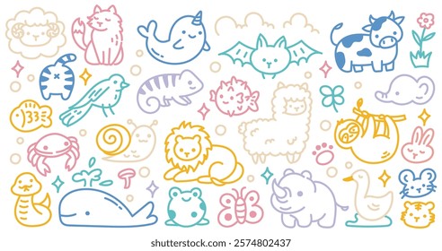 Animals Doodle Illustration | Colorful Hand-Drawn Line Art with Various Playful Animals for Design Project