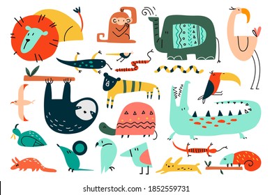 Animals doodle set. Funny colorful cartoon characters cute wild african safari mammals. Illustration of leopard lion snakes monkey zebra giraffe elephant for kids in scandinavian style for print.