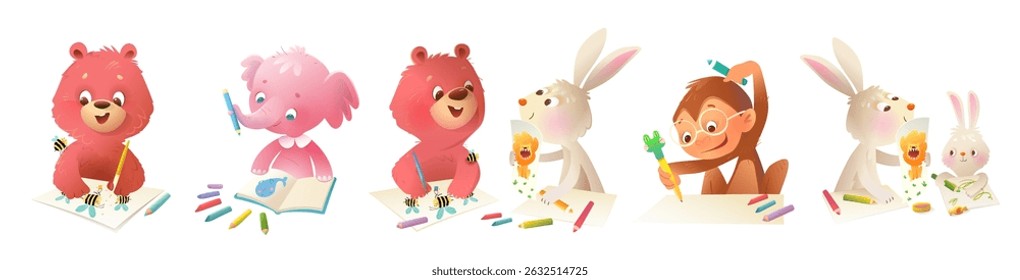 Animals drawing art class. Cute bear elephant rabbit and monkey at art school painting with watercolors. Animals characters for children preschool and elementary education. Vector isolated clipart