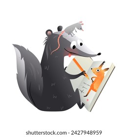 Animals drawing a picture in forest. Skunk and mouse draw a portrait of squirrel with pencil. Workshop and study, how to draw for kids. Vector clip art illustration in watercolor style for children.