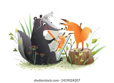 Animals drawing a picture, skunk draws a portrait for a funny squirrel. Forest animals characters in kindergarten. Workshop and study how to draw for kids. Isolated clipart vector illustration.