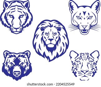 Tiere. Zeichnungen. Vektorgrafik. Löwe, Tiger, Bär, Puma, Leopard. Sie können sie als Ihr Firmenlogo verwenden. Symbole