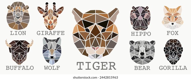 Animals are drawn with a polygon. Faces of animals in colored tones. Different animals.  EPS 10.