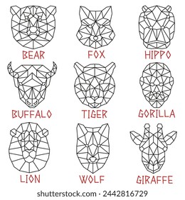 Animals are drawn with a polygon. Faces of animals in a thin line. Animal faces. EPS 10.