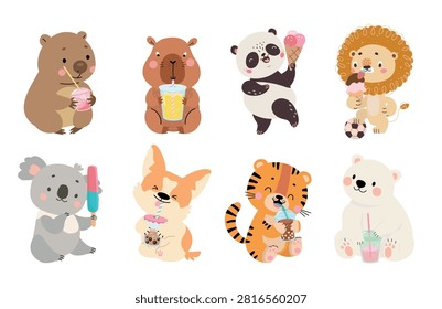 Animals drinking cold drinks. Cute dog, tiger, capybara drink bubble tea. Funny animal eating ice cream. Characters with food and beverage, nowaday vector set