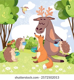 animals drinking tea in the meadow, tea party in the forest, picnic, hedgehog, fox, deer, friends, family, friendly, harmony