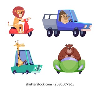 Animals drivers. Cute zoo characters driving cars or different urban vehicles exact vector funny animals in cartoon style