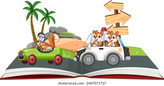Animals driving cars in an open book