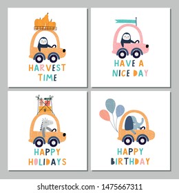 Animals driving cars, set with different vector prints. Illustration  for poster, card, label, banner, flyer, baby wear, kid’s room decoration.
