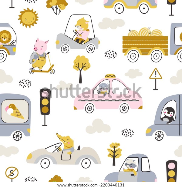 Animals driving transport,\
cars and trucks. Cute cartoon raccoon taxi driver, pig ride on\
scooter. Nowaday childish cloth seamless pattern print vector\
template