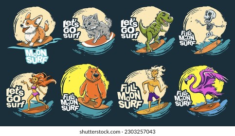 Animals dude night surfer cool summer t-shirt print. Bear, dinosaur, crocodile midnight ride surfboard. Corgi, cat and skeleton full moon surf slogan. Beach surfers funny child sea illustration