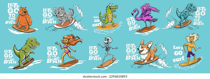 Animales tipo surfeando camisetas de verano. Oso salvaje, dinosaurio, paseo en cocodrilo a bordo de una gran ola. Corgi, gatito y eslogan esqueleto. Surfistas de playa con ropa infantil divertida. Moda de los niños deportivos de mar tropical