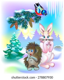 Animals during winter waiting for spring, vector cartoon image