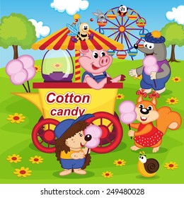 animals eat cotton candy at amusement park - vector illustration, eps