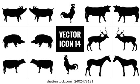 Animals eaten by humans
Bushmeat silhouette icon set.
Hunted wild animals.