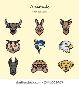 animals editable icons set filled line style. with various shapes. eagle, owl, bull, tortoise, dog. filled collection