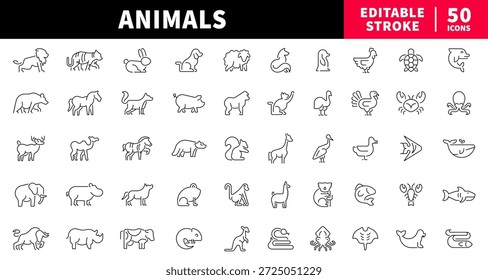Symbole für bearbeitbare Linien von Tieren. Natur- und Tiersymbole im Umrissstil