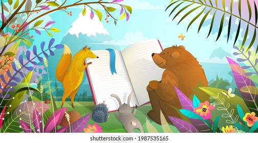 Animals education, bear fox rabbit and hedgehog reading a big book in the forest landscape. Animals montessori school in nature, studying a book friends. Watercolor style vector cartoon for children.