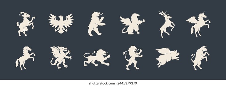 Elementos de animales para escudo de armas, diseño de cresta. Conjunto de animales heráldicos. Dragón, Cabra, Toro, León, Águila, Ciervo, Grifo, Oso, Siluetas de caballo. Ilustración vectorial. 