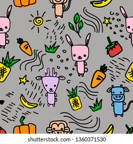 animals and elements seamless pattern hand draw for kids 