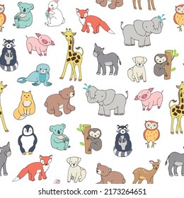 Animals: elephant, bear, giraffe, fox, dog, cat, pig, raccoon, sloth, donkey, owl vector seamless pattern 