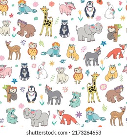 Animals: elephant, bear, giraffe, fox, dog, cat, pig, raccoon, sloth, donkey, owl vector seamless pattern with flowers 