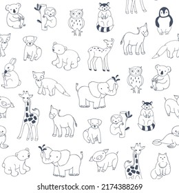 Animals: elephant, bear, giraffe, fox, dog, cat, pig, raccoon, sloth, donkey, owl vector seamless pattern 