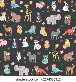 Animals: elephant, bear, giraffe, fox, dog, cat, pig, raccoon, sloth, donkey, owl vector seamless pattern with flowers 