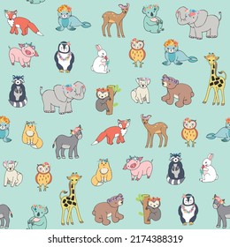 Animals: elephant, bear, giraffe, fox, dog, cat, pig, raccoon, sloth, donkey, owl vector seamless pattern 