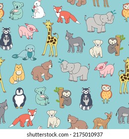 Animals: elephant, bear, giraffe, fox, dog, cat, pig, raccoon, sloth, donkey, owl vector seamless pattern 