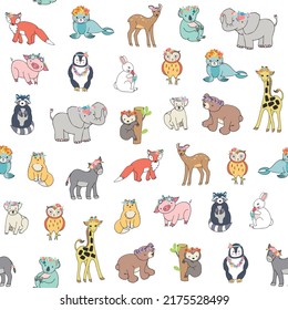 Animals: elephant, bear, giraffe, fox, dog, cat, pig, raccoon, sloth, donkey, owl vector seamless pattern 