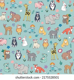 Animals: elephant, bear, giraffe, fox, dog, cat, pig, raccoon, sloth, donkey, owl vector seamless pattern with flowers 