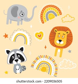 animals elephant raccoon lion scandinavian baby set