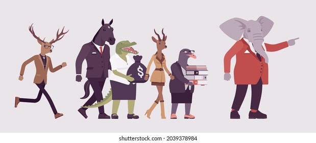 Animals, elephant showing way for crocodile, roe, gull, deer, horse. Dressed up gentleman with large trunk helping other with direction management or guidance, path to choose. Vector illustration