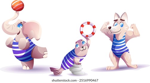 Animals elephant, wolf and seal in striped swimsuits relax on the beach. They play with the ball in a circle.