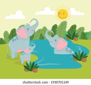 Animals Elephants Cartoon Jungle Water Stock Vector (Royalty Free