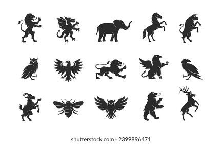 Animals emblems set. Elements for Coat of Arms, logo, emblem design. Heraldic symbols. Dragon, Goat, Phoenix, Lion, Eagle, Raven, Griffin, Horse, Bee, Bear, Bull silhouettes. Vector illustration. 