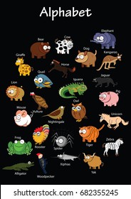 Animals English name for learning. Study set with cartoon characters illustrations vector collection. Funny animals on black background for pupils or students in school learn Abc or English. Flashcard